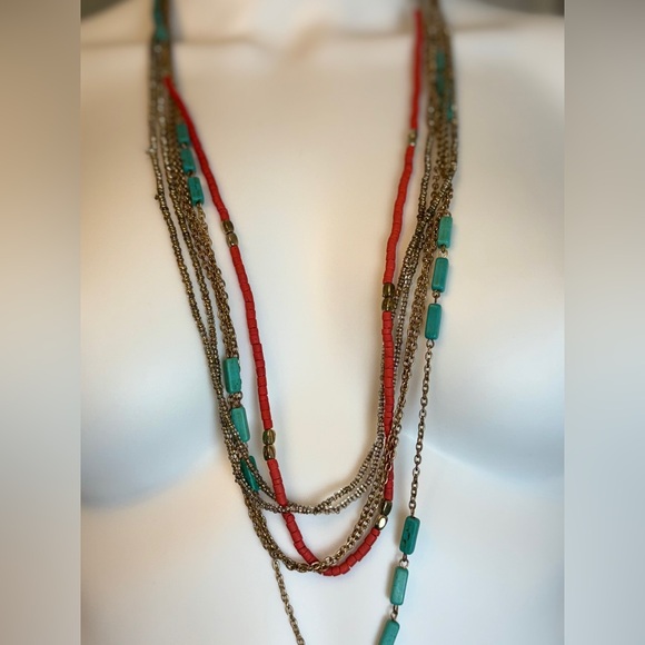 boho Faux Turquoise/coral Beaded Long Necklace - Picture 1 of 5